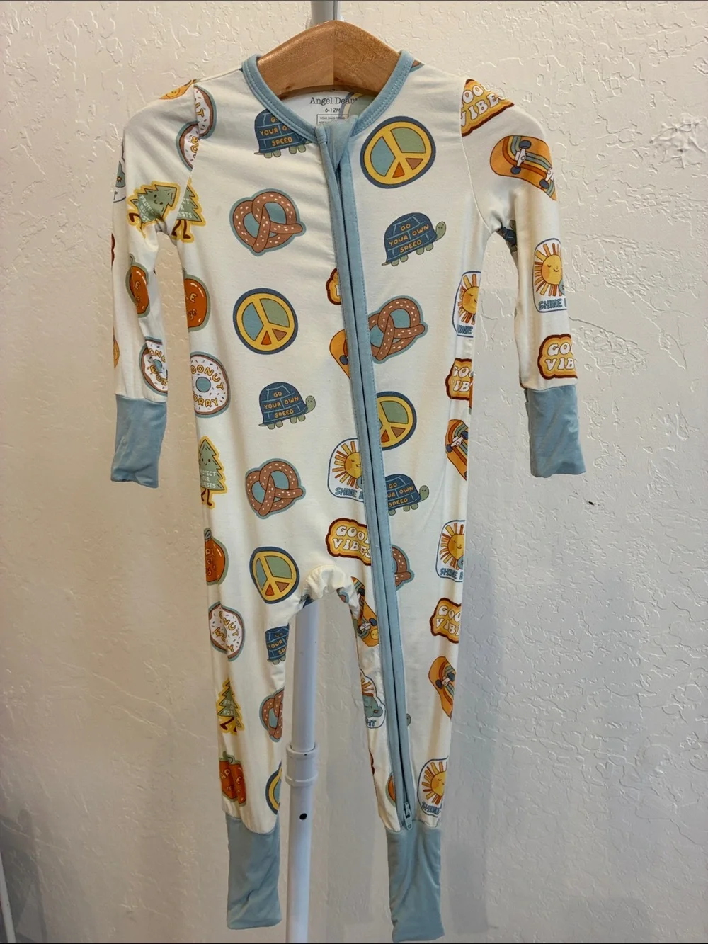 Angel Dear Cream One-Piece Footie Pajamas with Blue Trim and Yellow Accents